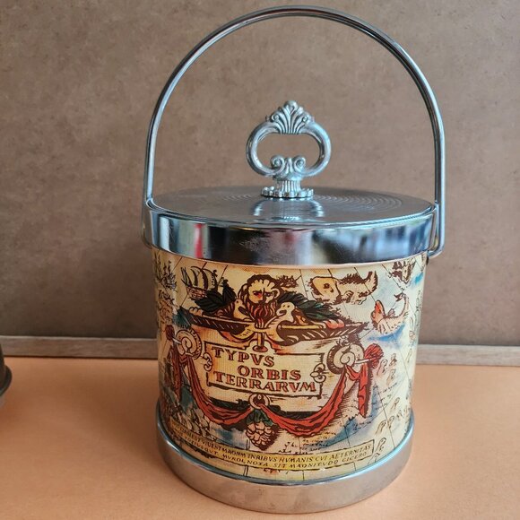 Vintage 'Ortelius 1570 World Map' MCM Style Ice Bucket - Picture 1 of 4